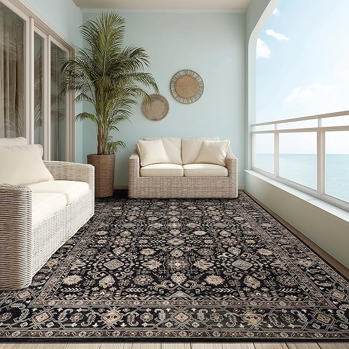 Area Rug Non Slip Machine Washable Ultra Soft Living Room/Bedroom/Kitchen/Outdoor/Classroom Black Gold, 10'×14'