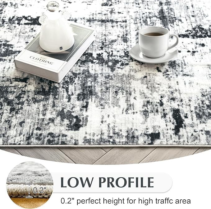 FMFUNCTEX 8x10 Washable Area Rug Black and Grey Neutral Abstract Modern Large Non Slip Carpet for Living Room Bedroom Soft Low Pile Indoor Mat Contemporary Accent Throw Rug for Dining Kitchen Nursery