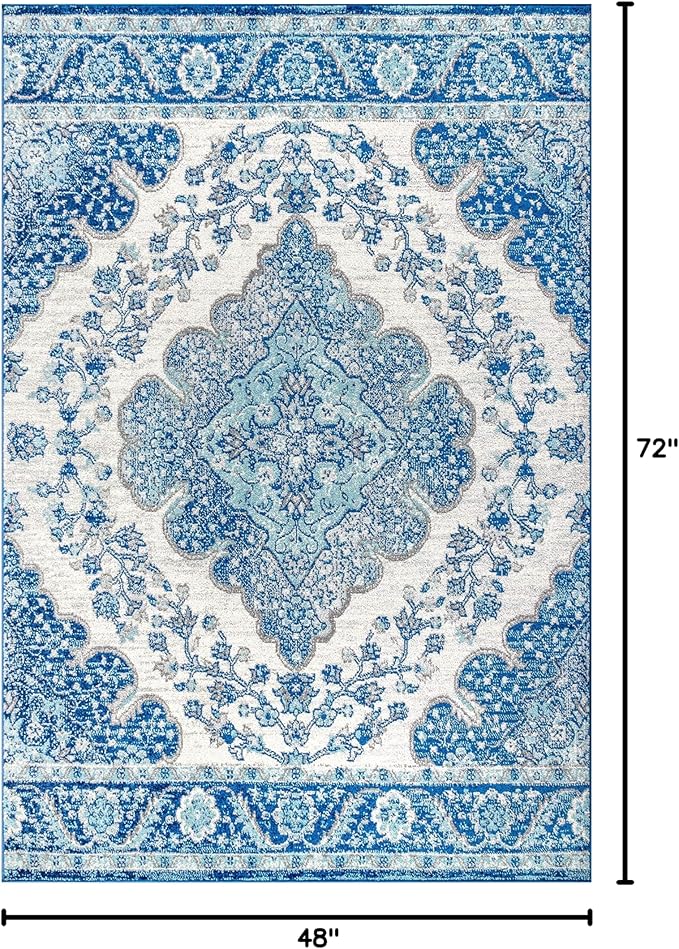 JONATHAN Y Boho Vintage Cream/Blue Indoor Area Rug, 4x6, Bohemian Flair Medallion, Floral Easy-Cleaning High Traffic for Living Room, Bedroom, Kitchen, Pet-Friendly, Non-Shedding (BMF106B-4)