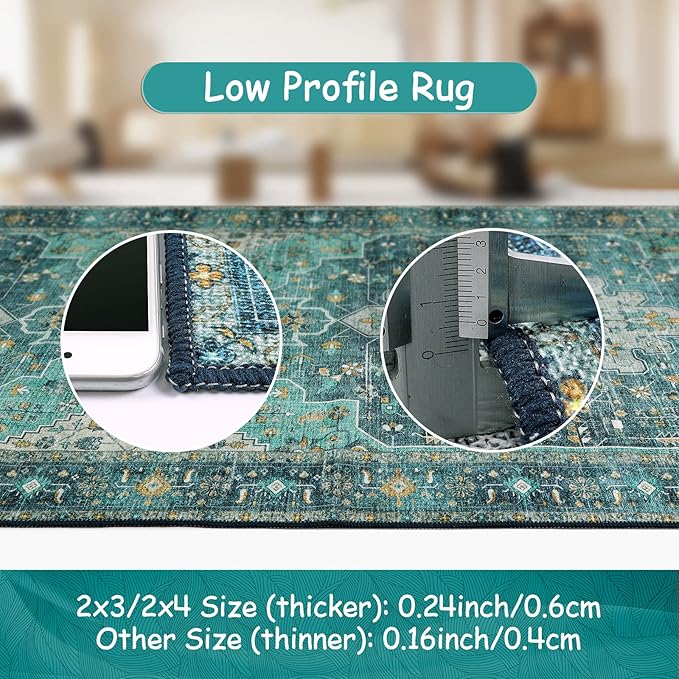 Moynesa Ultra-Thin Washable Area Rug - 2x3 Teal Small Entryway Rug Front Indoor Doormat, Boho Non-Slip Stain Resistance Low Pile Accent Carpet for Kitchen Bathroom Home Laundry Room Hall Decor