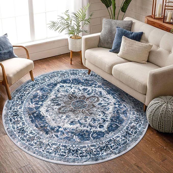 KOZYFLY Round Rug 6 Ft Rugs for Entryway Washable Circle Rug Non Slip Round Living Room Rugs Printed Faux Wool Vintage Round Dining Room Floor Carpet for Living Room, Entryway, Bedroom, Blue