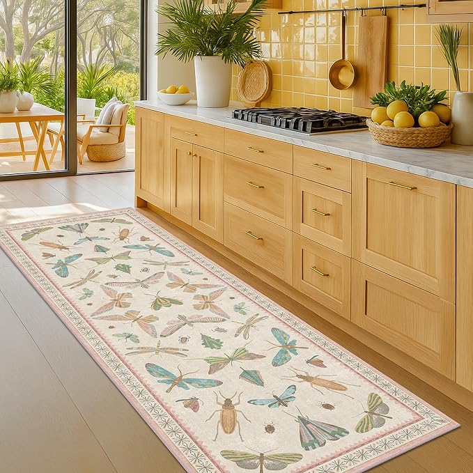 Boho Bathroom Runners - 2x6 Pink Rug for Kitchen, Entry Way, Hallway, Non Slip Washable Butterfly Insect Print Home Decor