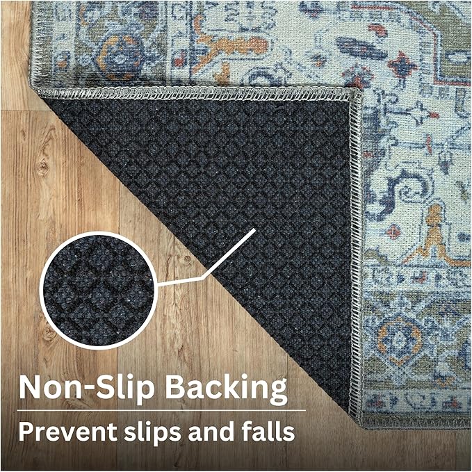 Bloom Rugs Washable Non-Slip 4' x 6' Rug - Green/Blue Traditional Medallion Area Rug for Living Room, Bedroom, Dining Room, and Kitchen - Exact Size: 4' x 6'