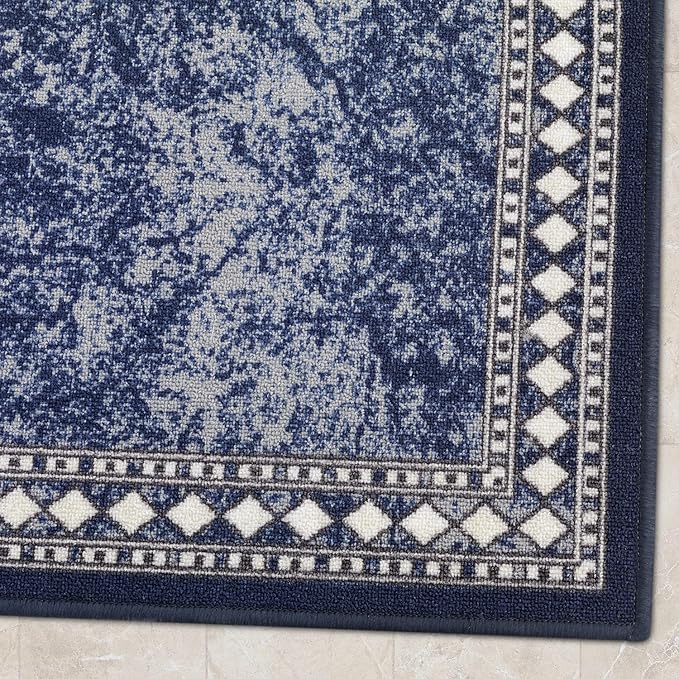 Antep Rugs Alfombras Modern Bordered 2x7 Non-Skid (Non-Slip) Low Profile Pile Rubber Backing Indoor Area Runner Rugs (Navy Blue, 2' x 7')