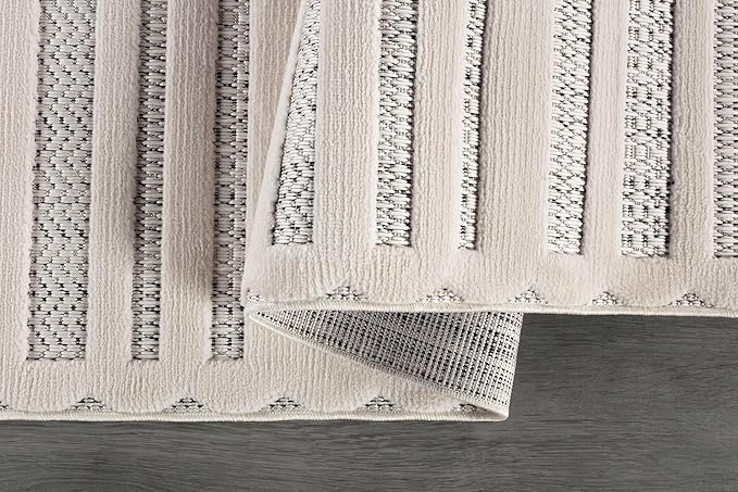 CAMILSON Modern Rug 8x10 Luxury Striped Line Micro Loop Area Rugs Soft High-Low Pile Stain Resistant Easy to Clean Non-Shedding Durable Living Room Kitchen Indoor Carpet (White)