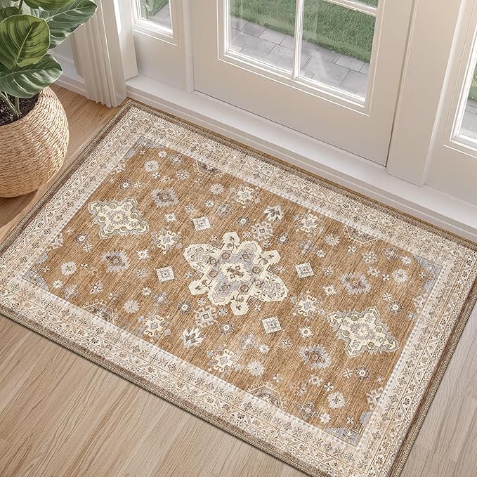 LUMI Indoor Thin Door Mat, 32x47 Washable Small Inside Doormat, Non Slip Low Pile Oriental Floor Carpet, Vintage Distressed Area Rug for Front Door,Entrance,Bedroom, Amber