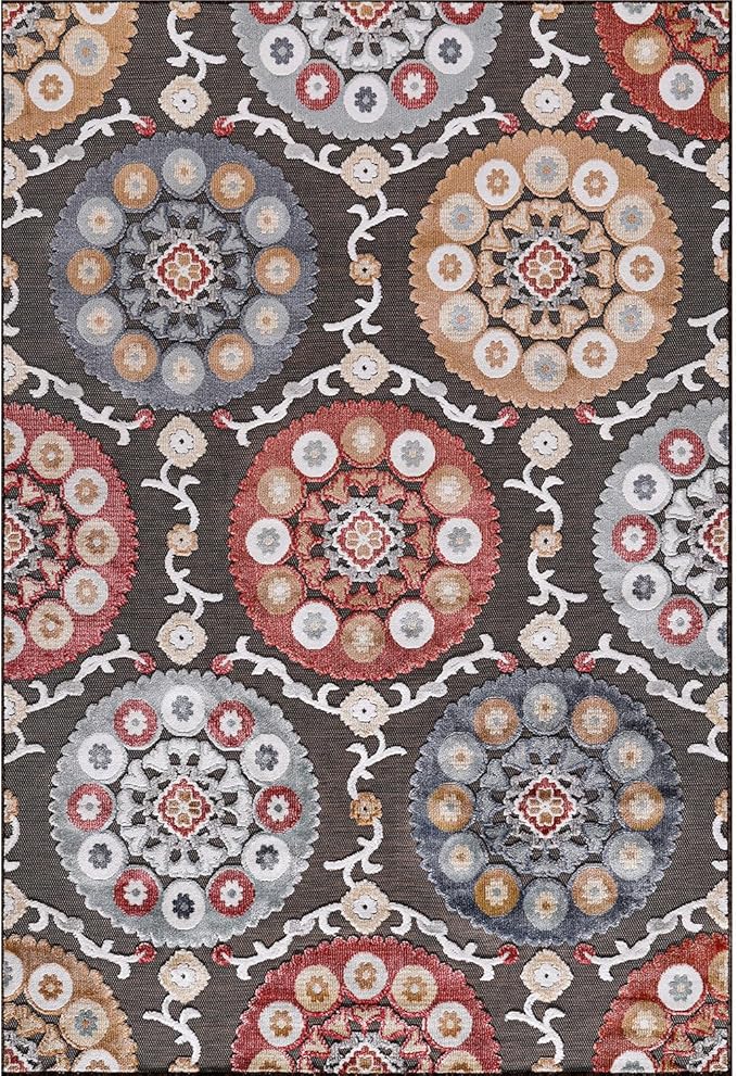 CAMILSON Indoor Outdoor Rug 6x9 Bohemian Medallion Floral Area Rugs for Indoor and Outdoor Patios Easy-Cleaning Non-Shedding Living Room Garden and Kitchen Washable Outside Carpet (6 x 9 / Brown)