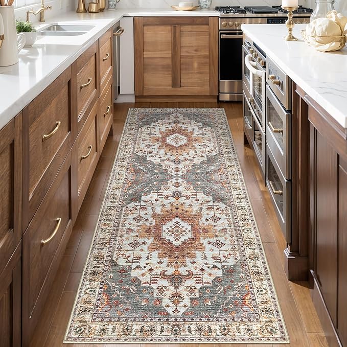 Tangsoo 2x6 Washable Runner Rug for Hallways, Non Slip Vintage Rugs, Soft Low Pile Long Rug, Print Distressed Turmeric Carpet Runners for Kitchen Bedroom Entryway Bathroom Living Room