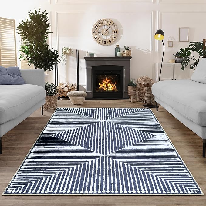 Bloom Rugs Washable Non-Slip 10x14 Rug - Blue Striped Area Rug for Living Room, Bedroom, Dining Room, and Kitchen - Exact Size: 10' x 14'