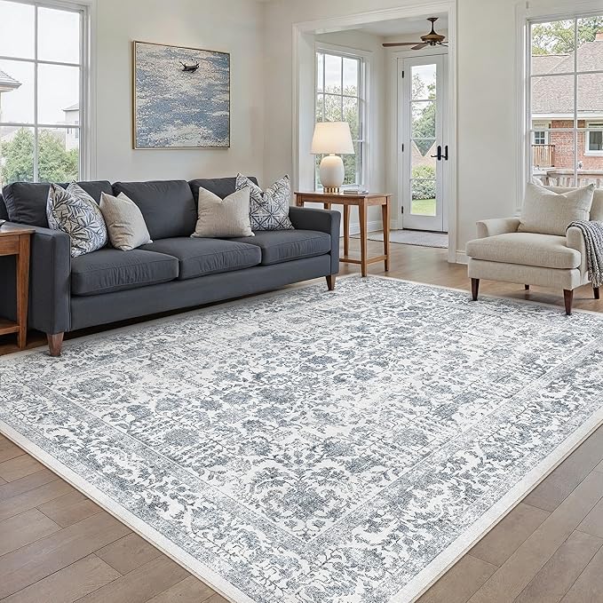 Navy Blue Area Rug 8x10 Machine Washable Large Vintage Living Room Distressed Non Slip Carpet Traditional Indoor Bedroom Retro Floral Accent Throw Rug for Office Kitchen Dining Room