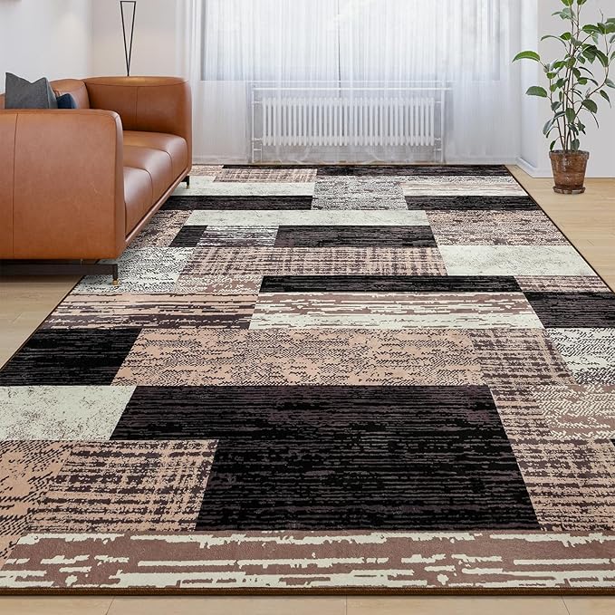 Large Area Rugs,Modern Geometric Patchwork Floor Decor for Bedroom Aesthetic Carpet, Rockwood Collection, Indoor Rugs for Living Room Dining Room Nursery Office Machine Washable Rug, 6x9 Ft Chocolate