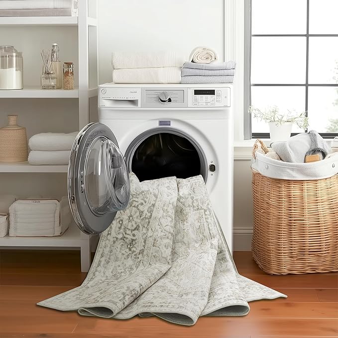 ReaLife Rugs Machine Washable Area Rug - Living Room Bedroom Bathroom Kitchen Entryway Office - Padded Crease Free Stain Resistant Premium - Boho Farmhouse Vintage- Lyle- Beige Ivory- 2'x 3'