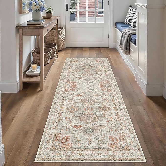 Enkor Runner Rugs for Hallway, 2x6 Washable Soft Boho Non Slip Floor Rugs for Kitchen, Modern Mat for Living Room Bedroom Entryway Beige & Orange