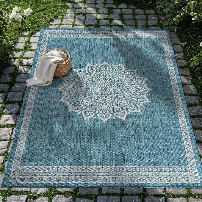CAMILSON Outdoor Rug 6x9 Medallion Aqua Modern Area Rugs for Indoor and Outdoor Patios Kitchen and Hallway Mats Washable Porch Deck Outside Carpet (Medallion Aqua 6 x 9)