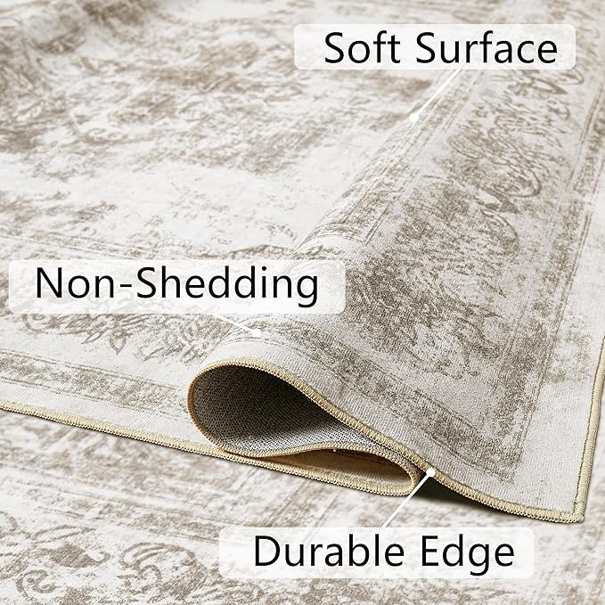 Area Rug 5x7 Beige Washable Living Room Carpet Non Slip Vintage Medallion Low Pile Soft Indoor Bedroom Retro Distressed Indoor Rug for Kitchen Home Office Laundry Dining Room