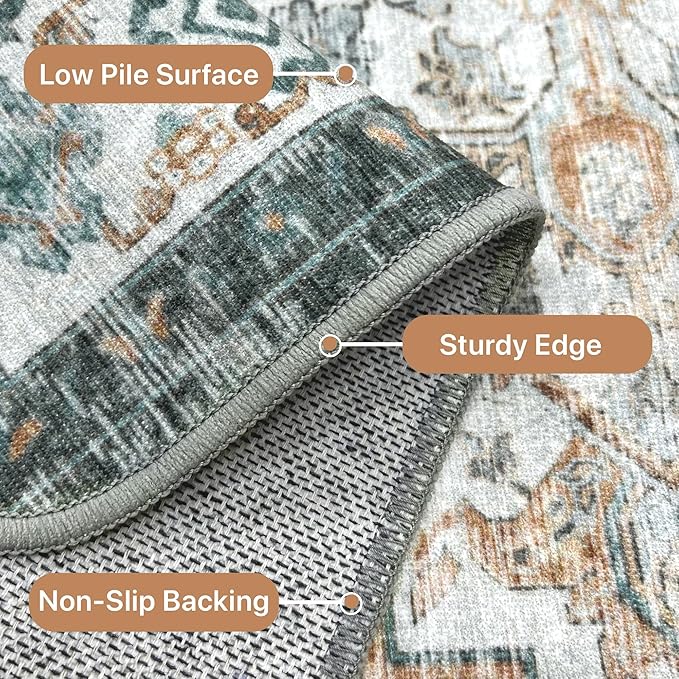 GENIMO 2‘6“x8 Runner Rugs for Hallway, Machine Washable Non Slip Vintage Rugs, Low Pile Lightweight Soft Print Rug for enrtyway, Corridor, Home Office, Kitchen, Cyan