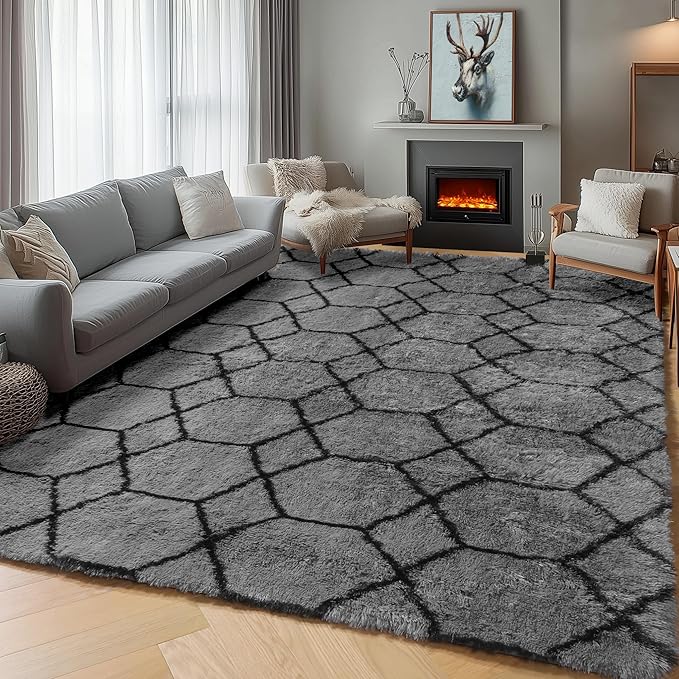 ONASAR 5x7 Area Rugs for Living Room Bedroom, Washable Fluffy Grey and Black Throw Rug, Geometric Boho Soft Plush Shaggy Floor Carpet for Nursery Kids Girls Boys Teen Dorm Home Decor Aesthetic
