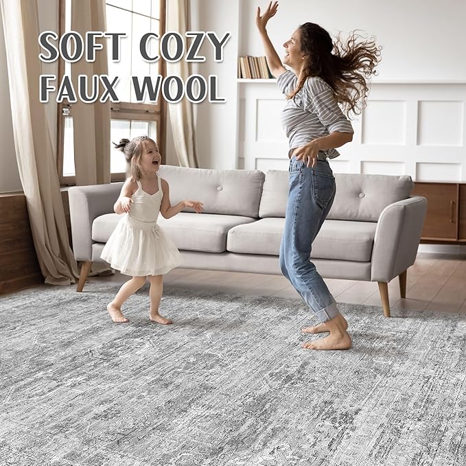 Grey Rug 8x10 Area Rugs: Washable Boho Large Vintage Neutral Soft Rug Stain Resistant Farmhouse Non-Slip Indoor Floor Carpet for Living Room Bedroom Playroom Office Dining Room Apartment Dorm