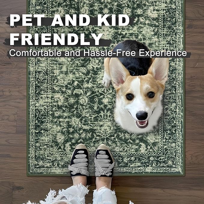 KILOCOCO Hallway Runner 2x5 Kitchen Runner Rug Printed Vintage Floral Washable Non-Slip Runners for Hallways Laundry Room Rugs Distressed Boho Rug Runners for Bedroom, Green