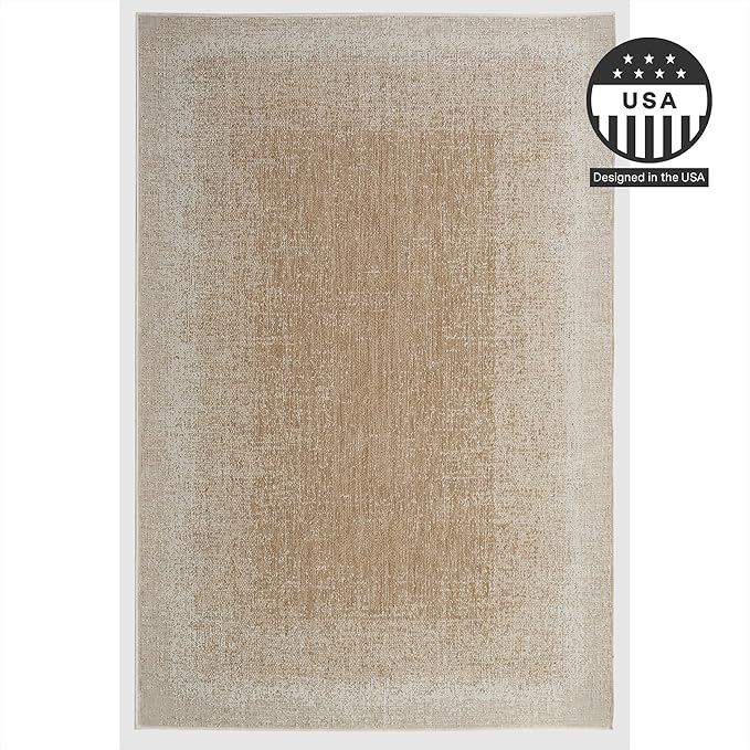 FH Home Outdoor Area Rug - Waterproof Easy to Clean Stain Resistant - Patio Indoor Outdoor Porch Deck Balcony Entryway - Ombre Modern - Dhruva - Beige - 7ft 8in x 9ft 8in