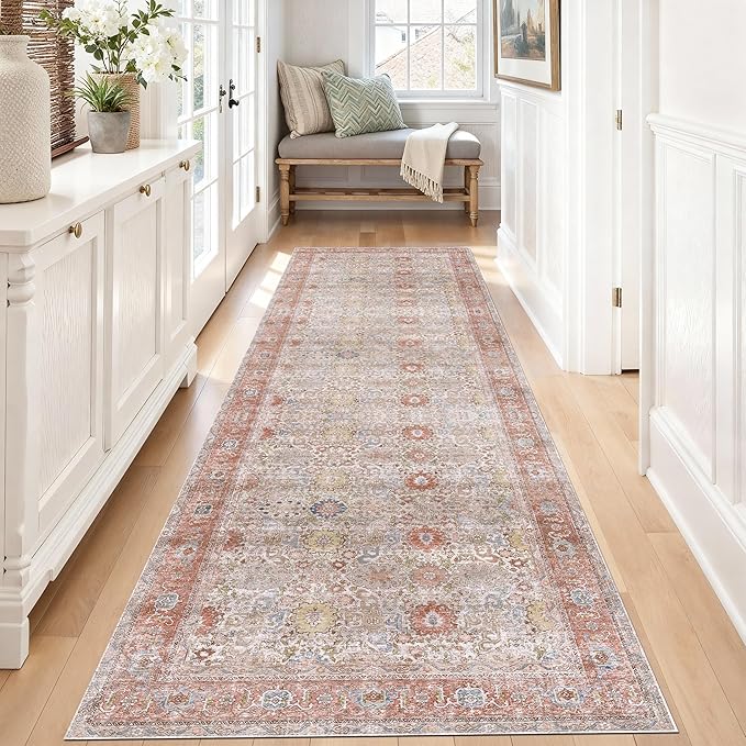 Kuden 2'6"x12 Runner Rug, Machine Washable Area Rug with Non-Slip Backing, Vintage Style, Soft, Easy Clean, Low Pile Rug for Hallway, Entryway, Kitchen, Bedroom