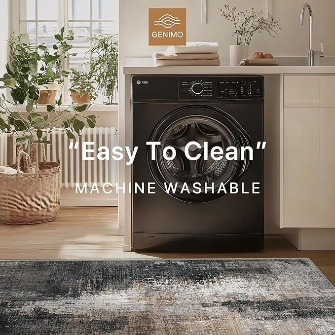 GENIMO Washable Area Rugs for Living Room, 8x10 Vintage Non Slip Rugs, Low Pile Lightweight Soft Print Rug for Bedroom, Dining Room, Home Office, Black Brown