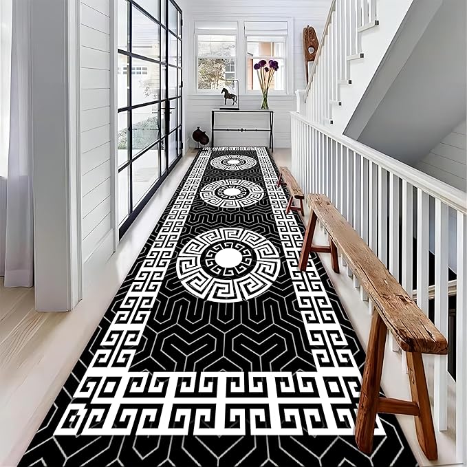 Modern Black White Geometric Kitchen Rug, 3.3x7ft, Greek Key Meander Design Entrance Rugs, Easy Clean Low Pile Washable Carpet, Soft Foldable No Crease Carpets for Porch Family