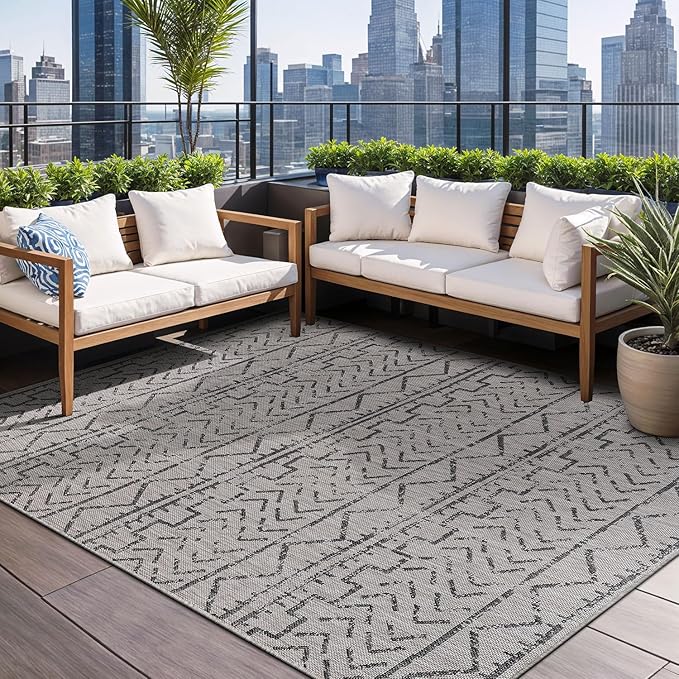 Beverly Rug Waikiki Indoor Outdoor Rug 6x9, Washable Outside Carpet for Patio, Deck, Porch, Trellis Area Rug, Water Resistant, Dark Grey - Light Grey