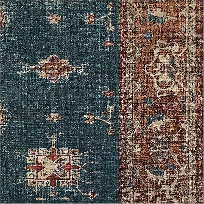 RUGGABLE Washable Vintage Area Rug – Verena Teal Blue 8 ft Round, Stain-Resistant, Non-Slip – Large Machine Washable Rugs for Living Room, Bedroom, Hallway, Entryway & Office–with Standard Pad