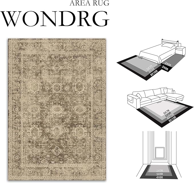 4x5 Washable Area Rug for Entryway Office Brown Vintage Non-Slip Low Pile Distressed Rustic Carpet Lightweight Vacuumable Soft Throw Rug for Living Room Indoor Dining Room