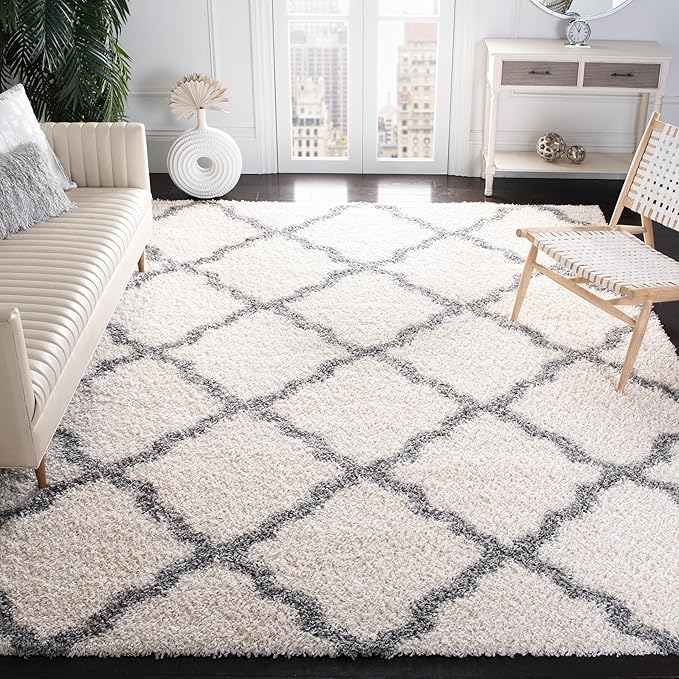SAFAVIEH Dallas Shag Collection Area Rug - 10' x 14', Ivory & Grey, Trellis Design, Non-Shedding & Easy Care, 1.5-inch Thick Ideal for High Traffic Areas in Living Room, Bedroom (SGD257F)