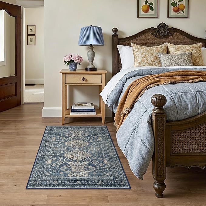 Bavni 3x5 Area Rug for Living Room Bedroom, Washable Boho Print Vintage Aesthetic Rug, Ultra-Thin Low Pile Rugs for Entryway Playroom with Non Slip Backing, Blue