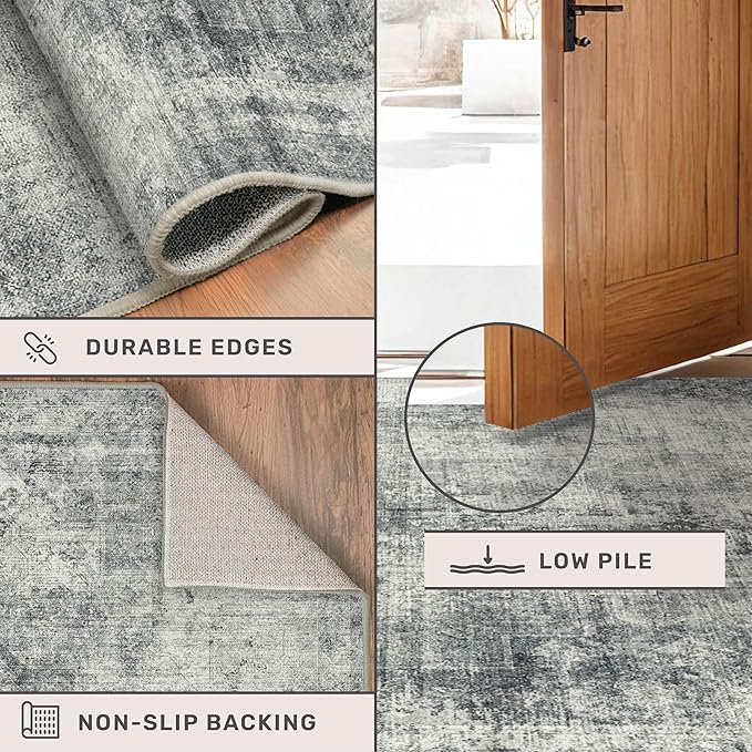 Farmhouse Gray and Blue Rugs for Living Room 8x10 - Modern Cool Unique Area Rug for Dining Room, Large Bedroom, Washable Foldable Dark Academy Décor