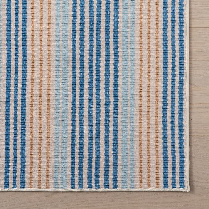 Dash & Albert Tyne Blue Machine Washable Rug, 5 X 8 Feet, Blue/Tan Stripe Pattern