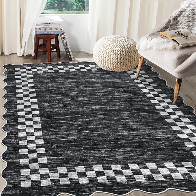 GarveeHome 10x13 Area Rug Large Living Room Scalloped Rug Non Slip Low Pile Bedroom Throw Carpet Soft Modern Bordered Dining Room Rug Stain Resistant Boho Carpet for Home Office, Grey