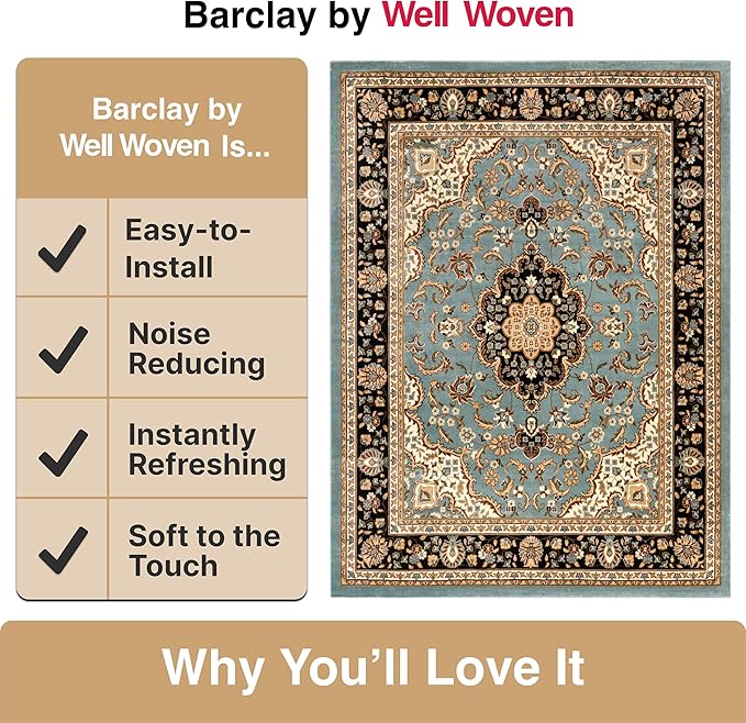 Well Woven Barclay Collection Medallion Kashan Light Blue 9x12 Area Rug - for Living Room, Bedroom, and Dining Room