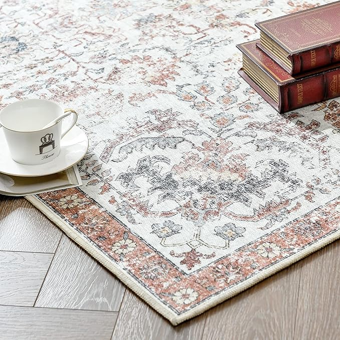 jinchan Kalen Runner Rug 2x5 Washable Hallway Rug Vintage Indoor Thin Retro Floor Cover Distressed Floral Country Lightweight Non Slip Carpet for Entryway Bathroom Kitchen Bedroom Living Room Red