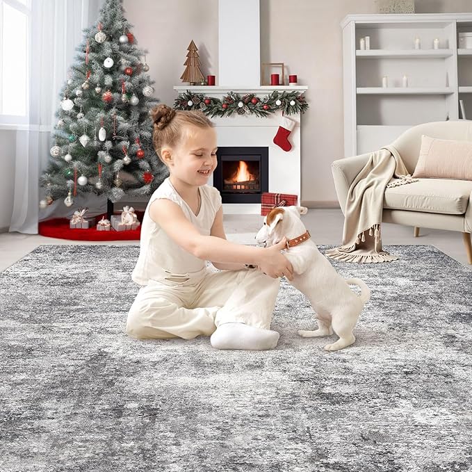 Square Area Rugs : Washable 8x8 Neutral Modern Abstract Carpet for Living Room Bedroom - Soft Floor Mat with Non Slip Backing for Kitchen Nursery Dorms Farmhouse Home Decor - Grey