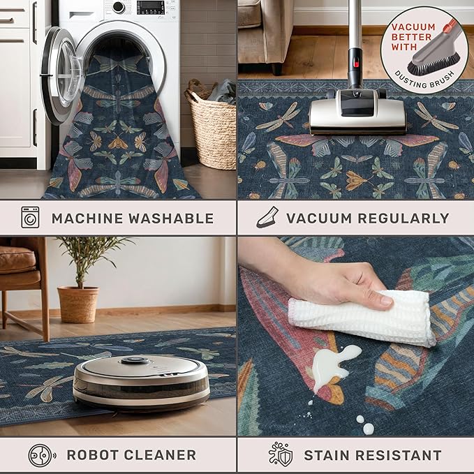 Vintage 2'6"x8' Kitchen Rugs Washable, Non Slip 8ft Long Rugs for Hallway, Stain Resistant Indoor Mats for Entryway, Dark Blue Insect Moth Home Décor, Low Pile & Soft