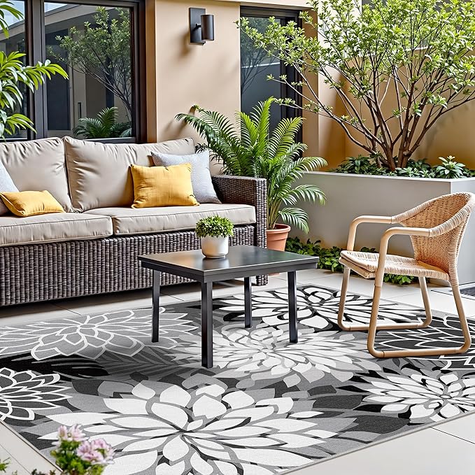 8x10 Outdoor Area Rug Washable Multicolored Patio Rug Tropical Botanical Floral Chenille Waterproof Outdoor Carpet Non-Slip for Deck, Backyard, Porch, Black