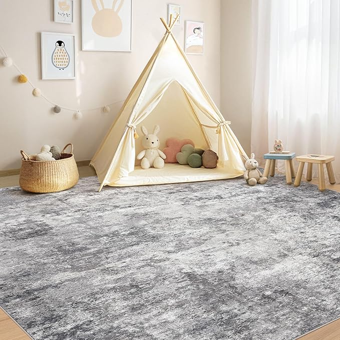 Square Area Rugs : Washable 8x8 Neutral Modern Abstract Carpet for Living Room Bedroom - Soft Floor Mat with Non Slip Backing for Kitchen Nursery Dorms Farmhouse Home Decor - Grey