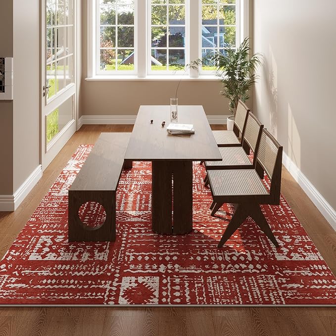 Rugcomf Living Room Rug 6x9 Rug Machine Washable Boho Area Rug Non Slip Moroccan Vintage Low Pile Large Rug for Living Room, Bedroom, Farmhouse, Dining Room, Kids Playroom(Terracotta)