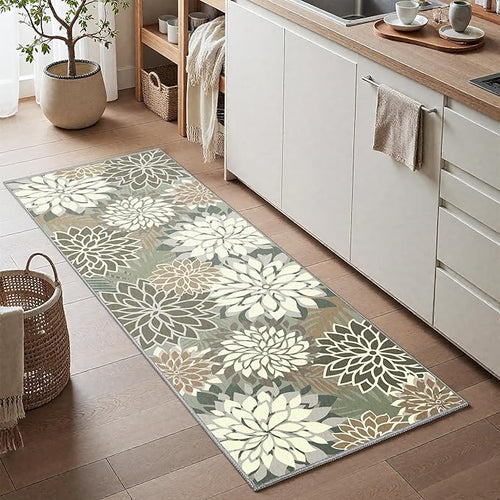 2x6 Washable Runner Rug for Hallway Tropical Botanical Modern Floral Chenille Kitchen Rugs Low Pile Non Slip Carpet for Patio, Bedroom, Laundry, Taupe