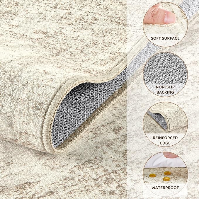 3x5 Area Rug Living Room Rugs - Washable Neutral Modern Abstract Soft Thin Rug Indoor Floor No Slip Rug Carpet for Bedroom Under Dining Table Home Office Decor - Beige/Brown
