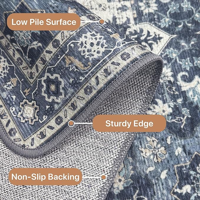 GENIMO 2x10 Runner Rugs for Hallway, Machine Washable Non Slip Vintage Rugs, Low Pile Lightweight Soft Print Rug for enrtyway, Corridor, Home Office, Kitchen, Center Blue