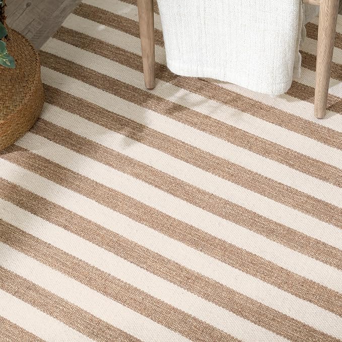 Home Conservatory Ladder Stripe Natural/Ivory Handwoven Wool 2.5 X 8 Feet, Ivory/Multicolored Stripe Pattern