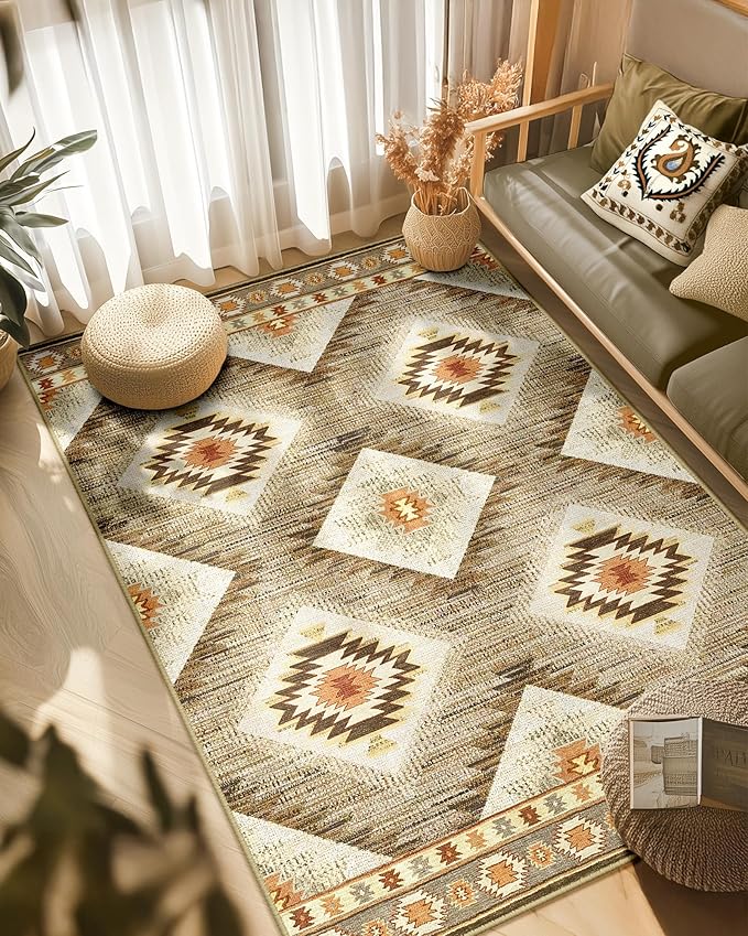 Area Rug 6x9 Rug Machine Washable Non-Slip Low Pile Print Pattern Western Rug for Living Room Bedroom Entryway Tribal Series -Cream/Camel