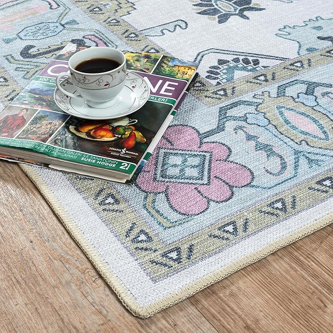Fame Living Cream Green Oushak Rug, Modern, Vintage, Turkish, Eclectic, Floral, Pastel, Washable, Area Rugs for Living Room, Dining, Bedroom, Nursery, Girls, Boys, 5'9"x8'9"