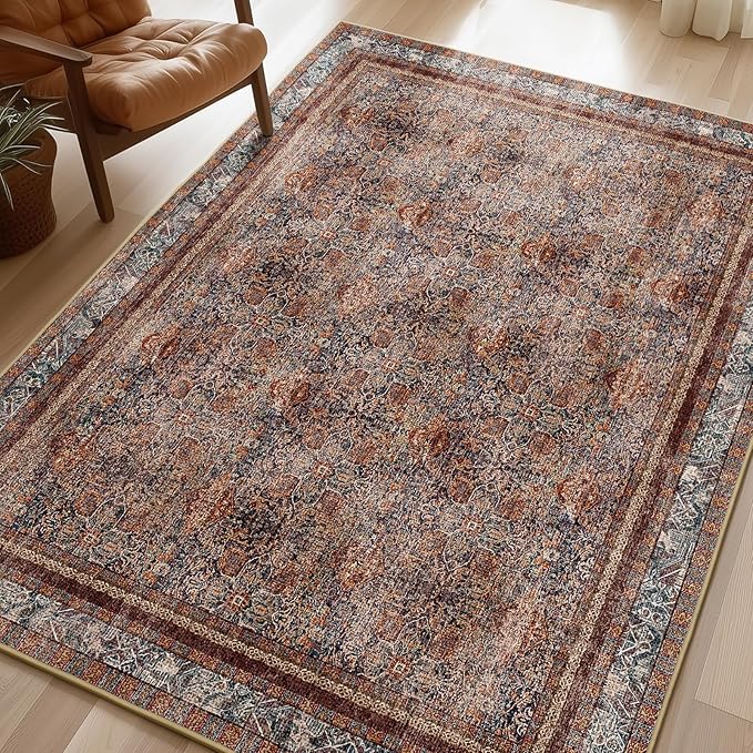 Phantoscope Washable Area Rug 5'x7' Non-Slip, Vintage Neutral Xmas Rugs for Living Room, Bedroom, Dining Room, Distressed Boho Floral Medallion Pattern, Low-Pile Foldable Floor Carpet, Brick Red/Black
