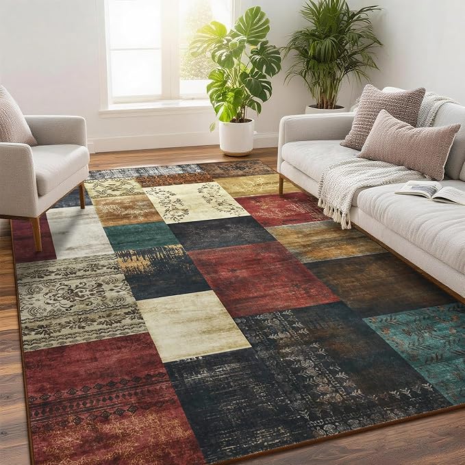 Tepook Modern Area Rug for Living Room, 5x7 Geometric Large Rugs for Bedroom, Washable Patchwork Rug Indoor Non-Slip Throw Carpets for Dining Room Office Farmhouse Home Decor, Multi